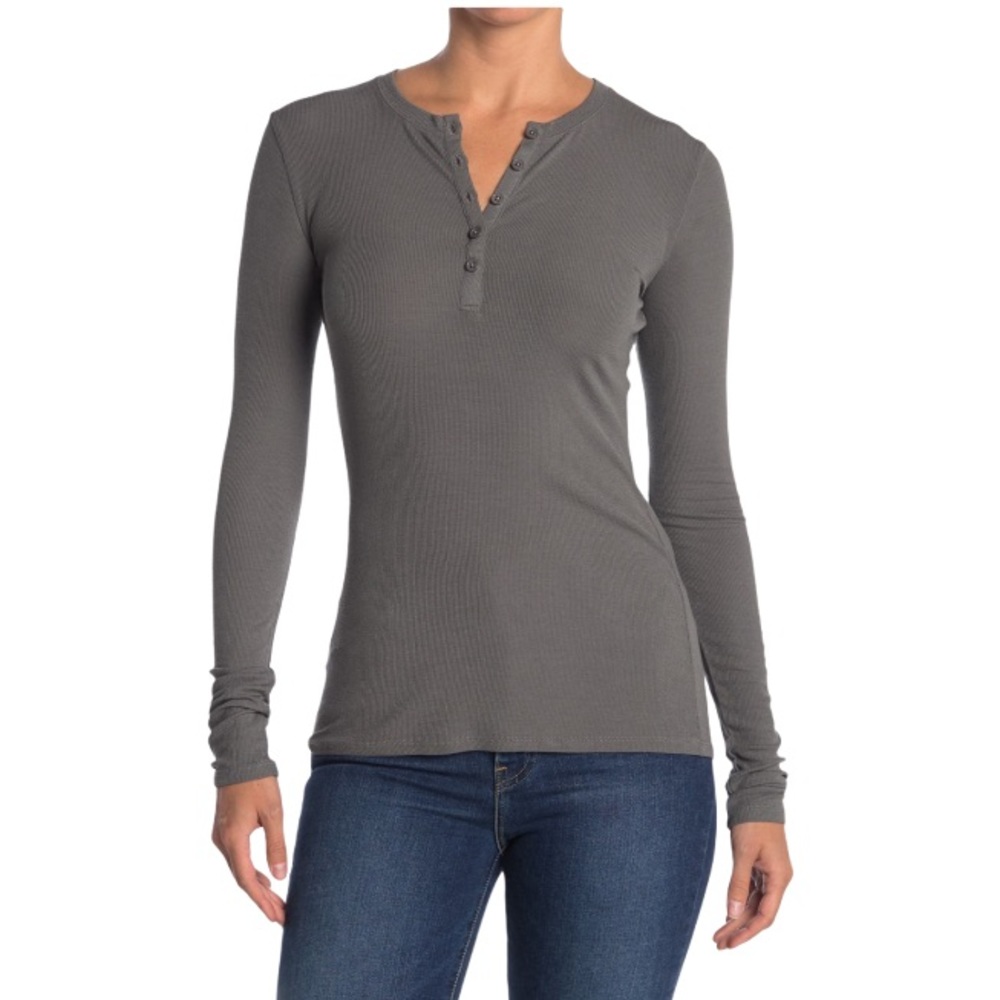 Magaschoni ribbed Henley long sleeve top olive army green khaki size XL